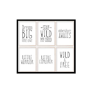 "Set of 6, Dream Big Little One,Stay Wild My Child" Childrens Nursery Room Poster Print