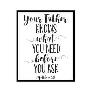 "Your Father Knows What You Need, Matthew 6:8" Bible Verse Poster Print