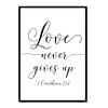 "Love Never Gives Up, 1 Corinthians 13:7" Bible Verse Poster Print